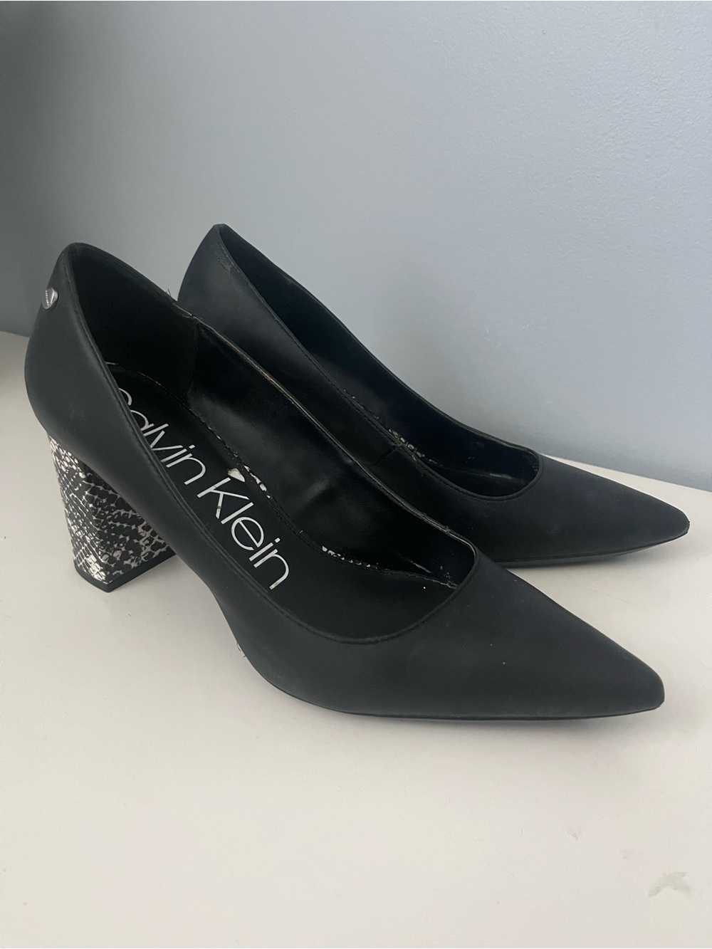 Calvin Klein Black Pointed Toe Pumps with Snakeprint Block Heel